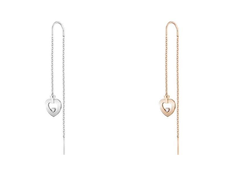 左：FRED PRETTY WOMAN Fine Jewellery 18K 白金鑽石吊墜耳環，NTD30,800、右：FRED PRETTY WOMAN Fine Jewellery 18K 玫瑰金鑽石吊墜耳環，NTD29,100。