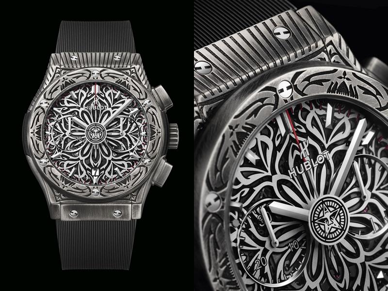 HUBLOT SHEPARD FAIREY 聯名計時碼錶，自動上鍊機芯、Shepard Fairey 設計鑄刻及黑色刷紋鈦金屬錶殼、防水深度 50 公尺、錶徑 45 MM，NTD684,000，全球限量50只。