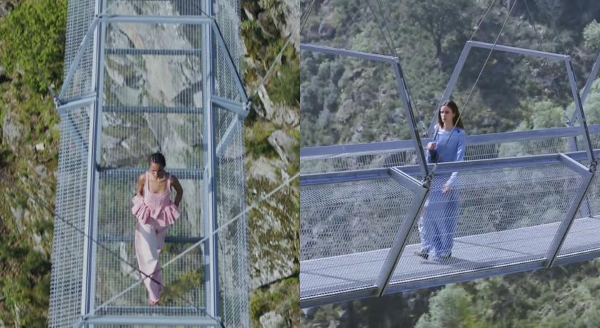 嚇到腿軟！176 公尺高吊橋上走秀「透視鋼索」下面就是山谷