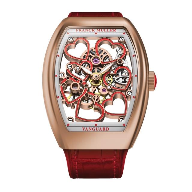 FRANCK MULLER Vanguard Lady Heart 紅色愛心鏤空玫瑰金腕錶，NTD968,000。