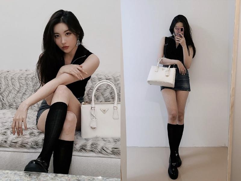 宣美拎著跟 Tiffany 同色的包，同樣露出長腿吸睛。