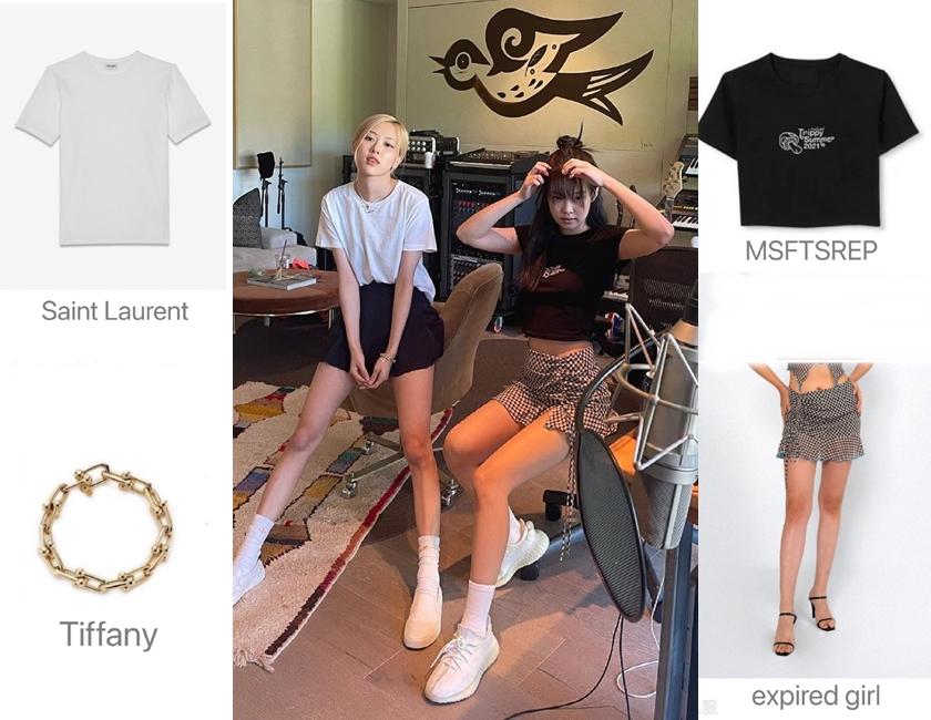 Rosé白T來自Saint Laurent、Jennie則是以MSFTSrep搭配Expired girl黑白格紋短裙。