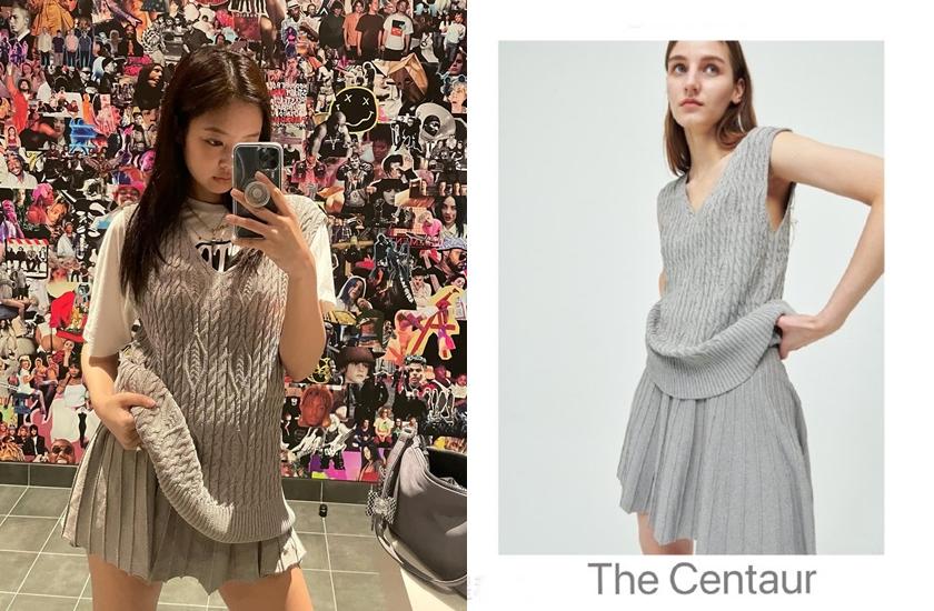 Jennie私服以The Centaur灰色針織背心短裙，顯得活力十足。