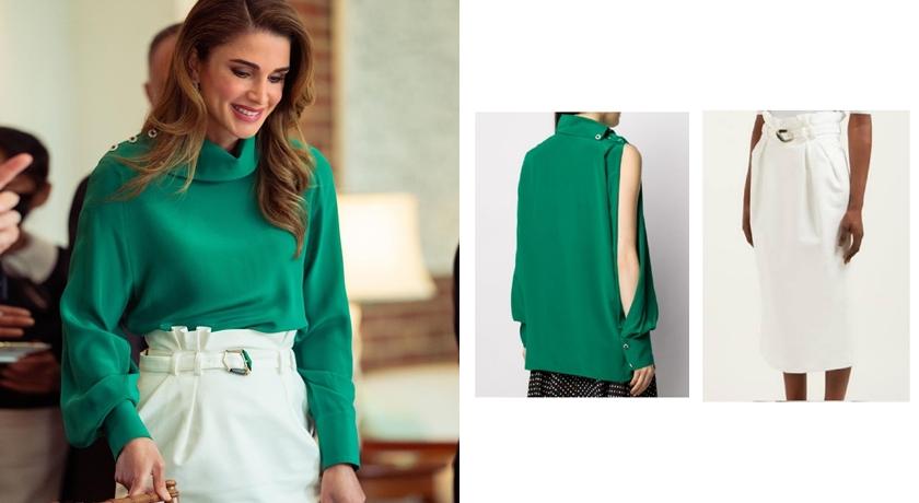 搭配Gabriela Hearst白色高腰鉛筆裙，更顯出好身材。（翻攝自queenrania IG）