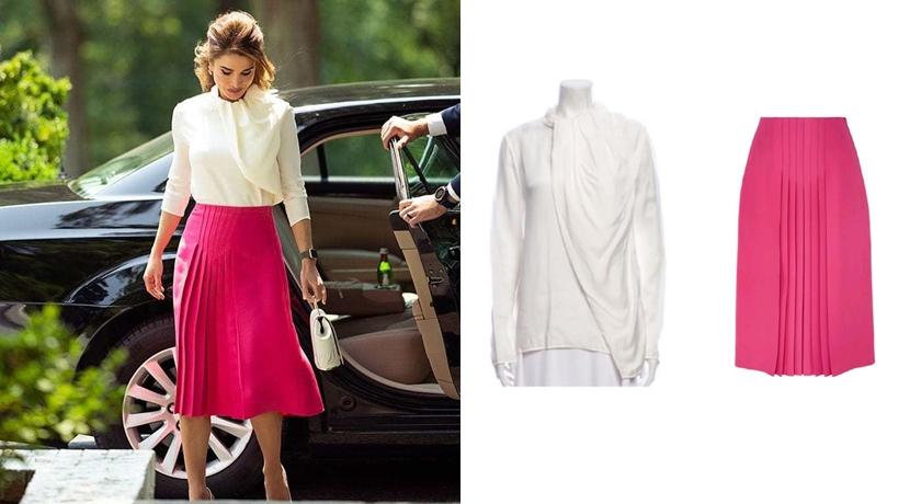Celine雪紡白襯衫、Valenyion亮桃紅色及膝裙。（翻攝自queenrania IG）
