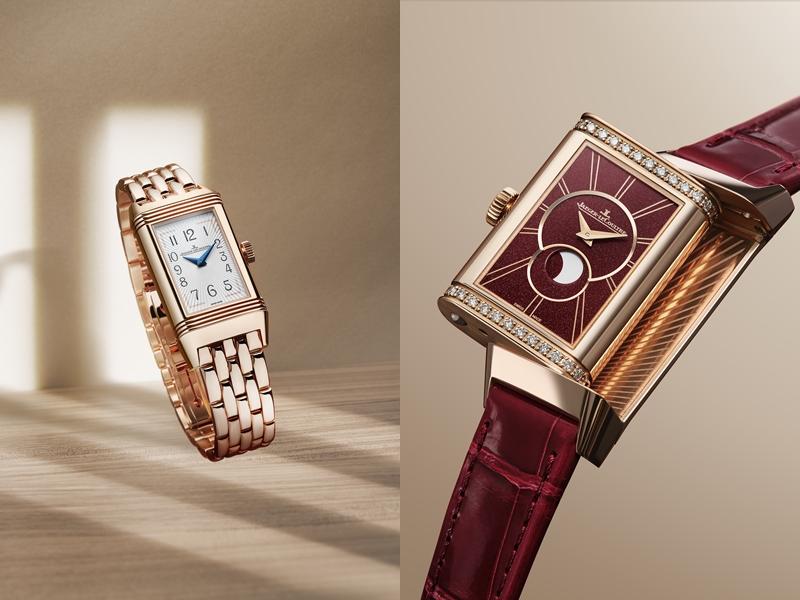 左：Reverso One Duetto Moon翻轉系列雙面月相腕錶，玫瑰金錶鍊，NTD1,240,000、右：Reverso One Duetto Moon翻轉系列雙面月相腕錶，酒紅色皮革錶帶，NTD780,000。