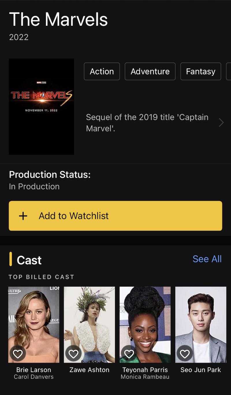 朴敘俊的名字已經悄悄被掛上IMDb《驚奇隊長》續集的頁面，該片預計在2022年11月上映。（截自IMDb）
