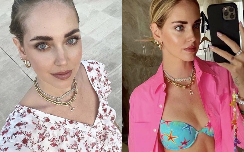 Chiara Ferragni 疊搭 Tiffany hardwear 系列項鍊，與不同風格的服裝搭配。