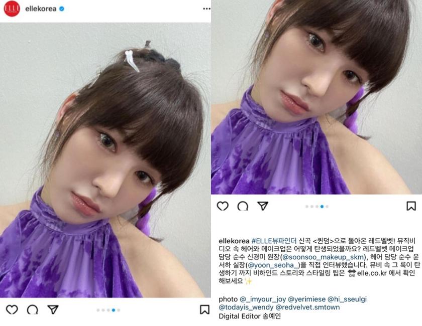 首次發文不只照片沒有Irene個人照、連下方TAG也被消失。（翻攝自ellekorea IG）