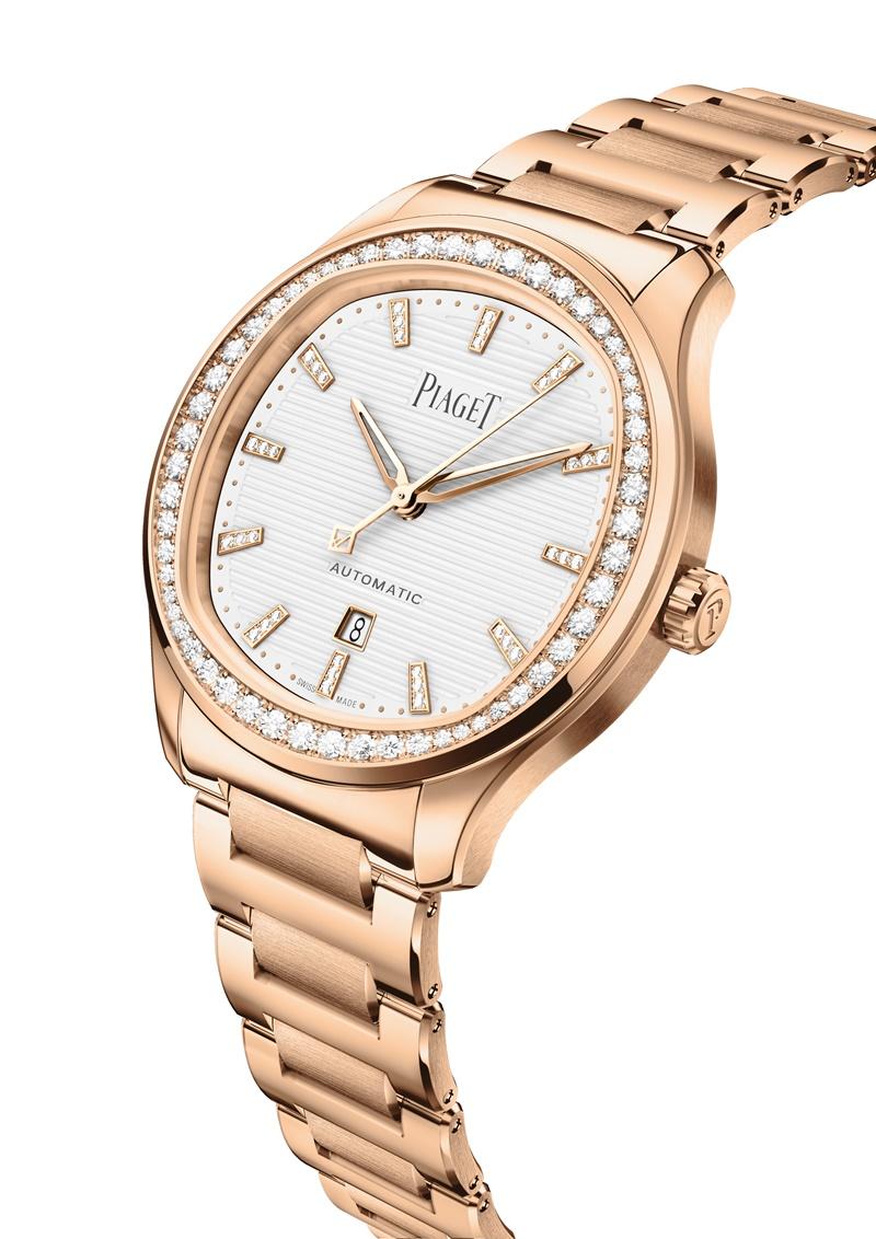 PIAGET Polo 系列月白色日期顯示 18K 玫瑰金鑽石腕錶，NTD1,550,000。