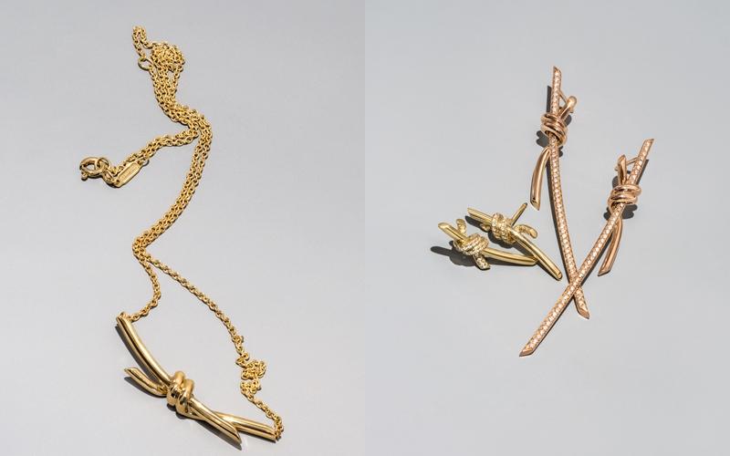 左：Tiffany Knot 18K 金項鍊，NTD66,000、右：Tiffany Knot 18K 金短版鑲鑽耳環，NTD99,000、18K 玫瑰金長版鑲鑽耳環，NTD185,000。