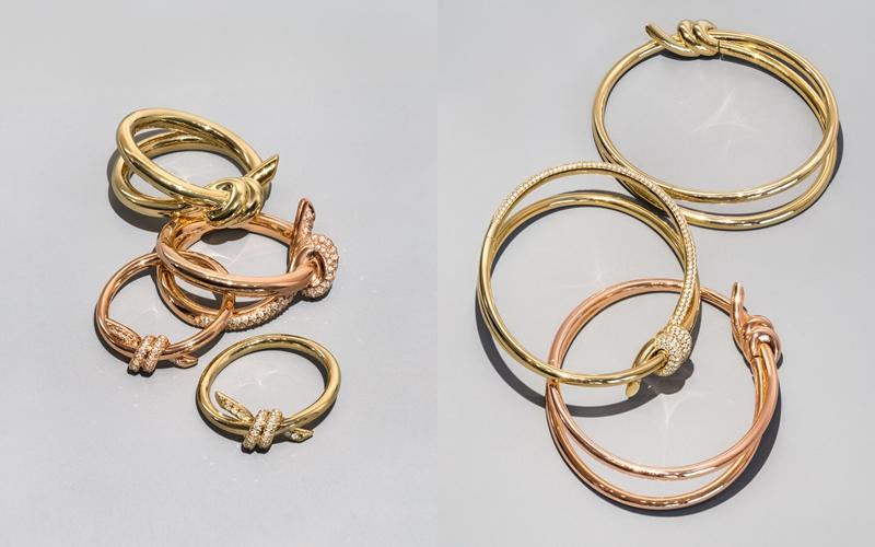 左：Tiffany Knot 18K 金寬版戒指，NTD69,000、18K 玫瑰金寬版鑲鑽戒指，NTD191,000、18K 玫瑰金窄版鑲鑽戒指，NTD63,000、18K 金窄版鑲鑽戒指，NTD63,000、右：Tiffany Knot 18K 金鑲鑽手環，NTD725,000、18K 金手環、NTD251,000、18K 玫瑰金手環，NTD251,000。