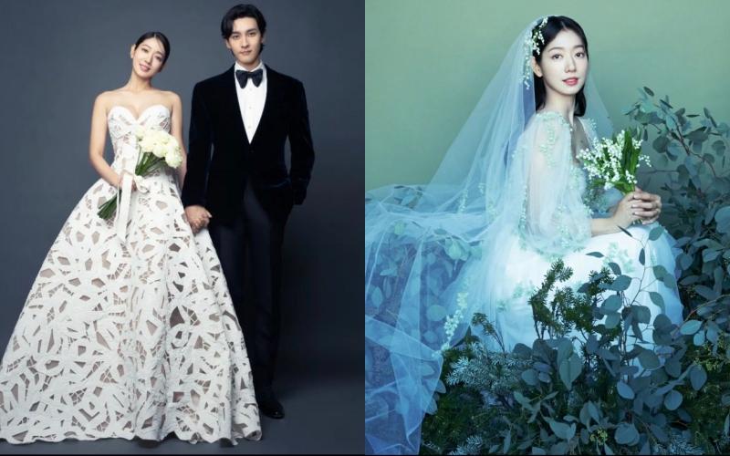 朴信惠婚禮前公開的婚紗照，兩套禮服分別來自Oscar de la Renta（左）以及Monique Lhuillier。