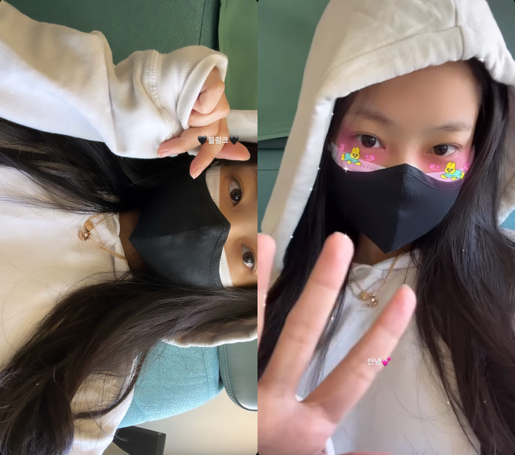 Jennie曬出在飛機上的自拍，已經換上另一套造型。（截自jennie IG）