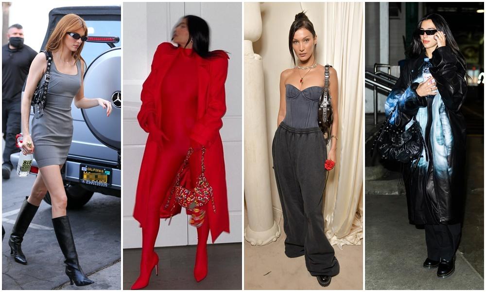 Balenciaga Le Cagole肩揹包時尚潮人肩膀上都有一只，左起Kendall Jenner、Kylie Jenner、Bella Hadid、Dua Lipa。（合成圖，圖片來源品牌提供）