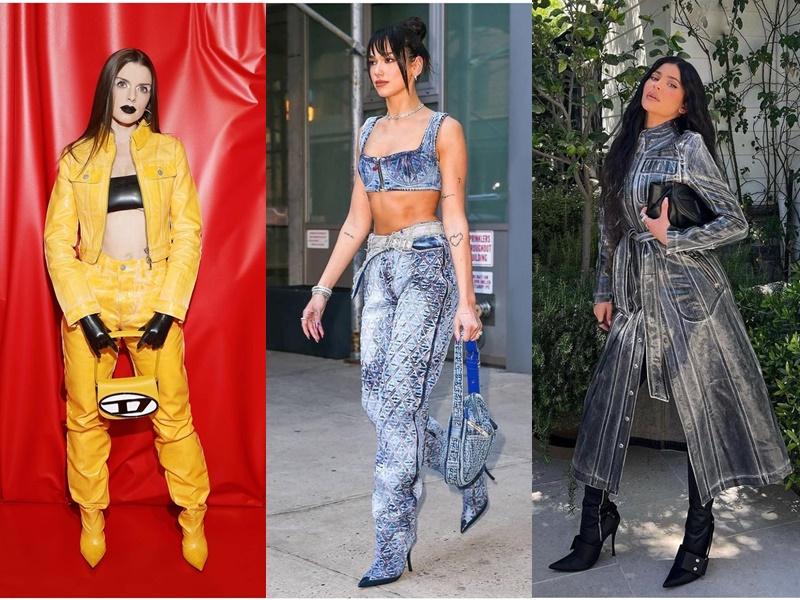 Julia Fox（左起）、Dua Lipa與Kylie Jenner等名人穿著亮相讓Diesel重回熱門品牌行列。（合成圖，圖片來源Diesel IG）