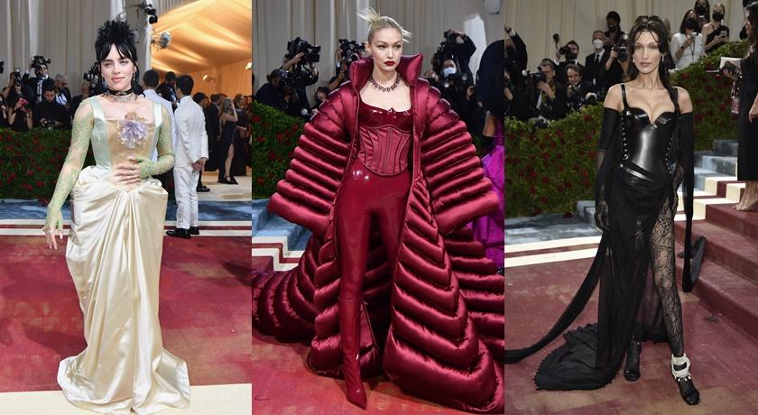 馬甲在Met Gala之後搜尋量暴增，左起為Billie Eilish in Gucci、Gigi Hadid in Versace、Bella Hadid in Burberry。（合成圖，圖片來源法新社、美聯社）