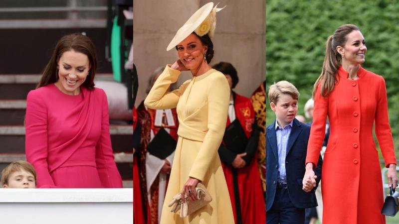 凱特王妃在白金禧週末多套造型都令人印象深刻。（路透、美聯社）