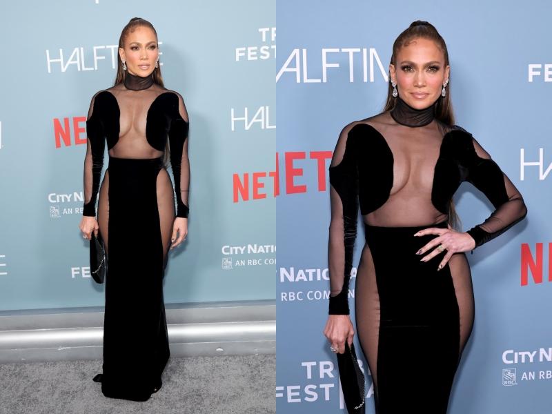 JLo這天穿著的禮服來自Tom Ford的設計，她還戴著訂婚戒指亮相。（美聯社、twitter）