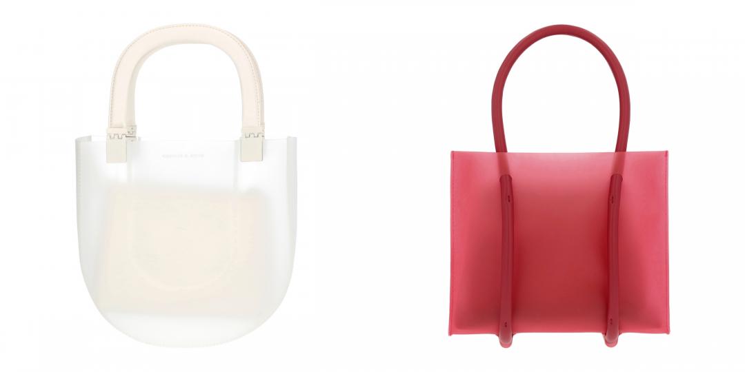 除了涼鞋外，果凍質感的手提包也是當季最受歡迎的設計。（左起）霧面果凍托特包NTD1,990、雙環托特包NTD2,190。