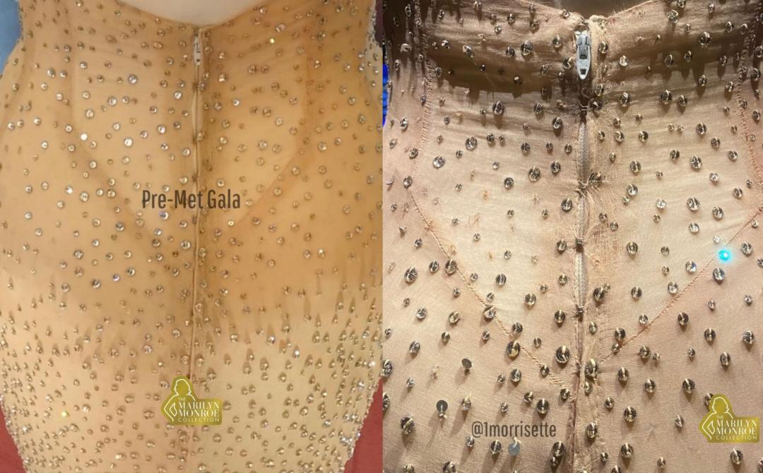 網友曝光同一件禮服在2016年展出時（左）與Kim Kardashian穿著之後的差異。（截自marilynmoroecollection IG）