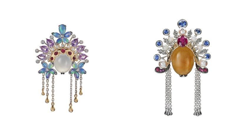 (左)JHENG JEWELLERY冰翡蛋白石臉譜鍊墜97,600元、(右)JHENG JEWELLERY黃翡紅寶石臉譜鍊墜99,200元。 