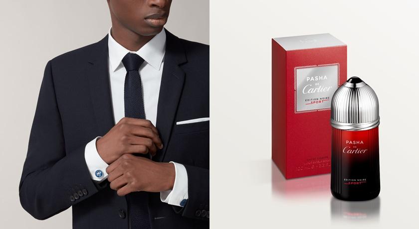 (左)Santos de Cartier飛行員圖案袖扣，19,000元、(右)Pasha de Cartier Edition Noire Sport淡香水，3,100元。