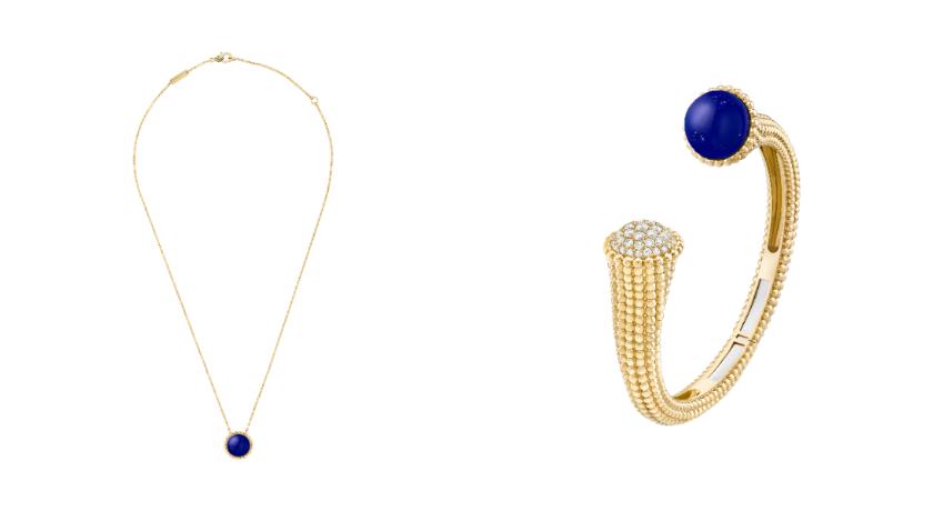 (左)Van Cleef & Arpels Perlée Couleurs吊墜青金石款約74,000元、(右)手鐲約650,000元。