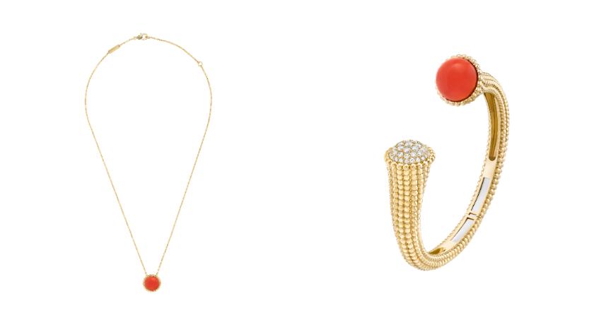 (左)Van Cleef & Arpels Perlée couleurs吊墜珊瑚款價格未定、(右)手鐲價格未定。