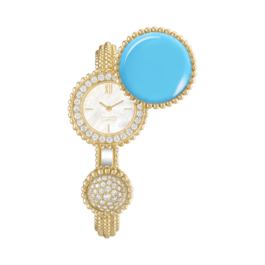 Van Cleef & Arpels Perlée Toi & Moi腕錶，綠松石、鑽石，約1,220,000元。