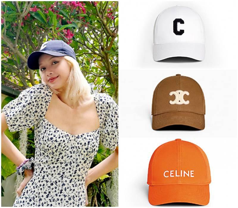 BLACKPINK成員Lisa在私服造型中經常戴著CELINE鴨舌帽(左)。CELINE棒球帽，20,500元(右上)、CELINE棒球帽，17,500元(右中)、CELINE棒球帽，16,000元(右下)。