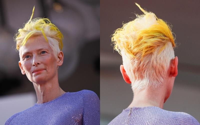 Tilda Swinton換上少見的「螢光黃」髮色。（美聯社）