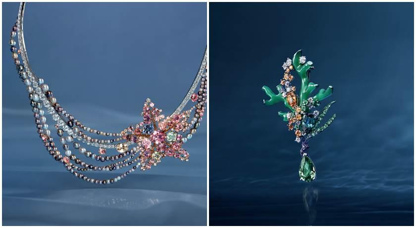 Chaumet Ondes & Merveilles de Chaumet Comètes de Mers海洋彗星項鍊(左)。價格店洽。Chaumet Ondes & Merveilles de Chaumet Chasse aux Trésors 海底尋寶系列胸針，沙弗萊石、綠藍色碧璽、橘色錳鋁榴石。價格店洽。