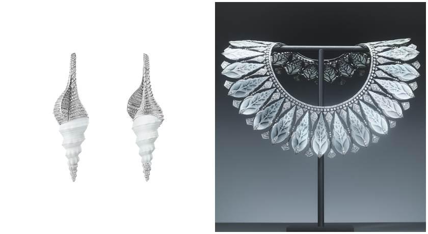 Boucheron Carte Blanche, Ailleurs Coquillage Diamant（Diamond Shell）耳環(左)。價格店洽。Boucheron Carte Blanche, Ailleurs Coquillage（Shell）項鍊。價格店洽。