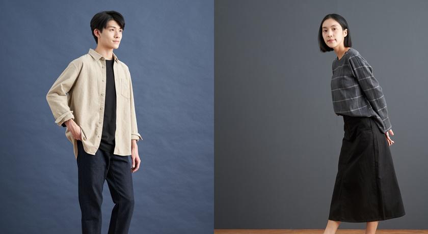 (左)MUJI男裝有機棉法蘭絨襯衫599元、(右)MUJI女裝有機棉法蘭絨套衫599元。
