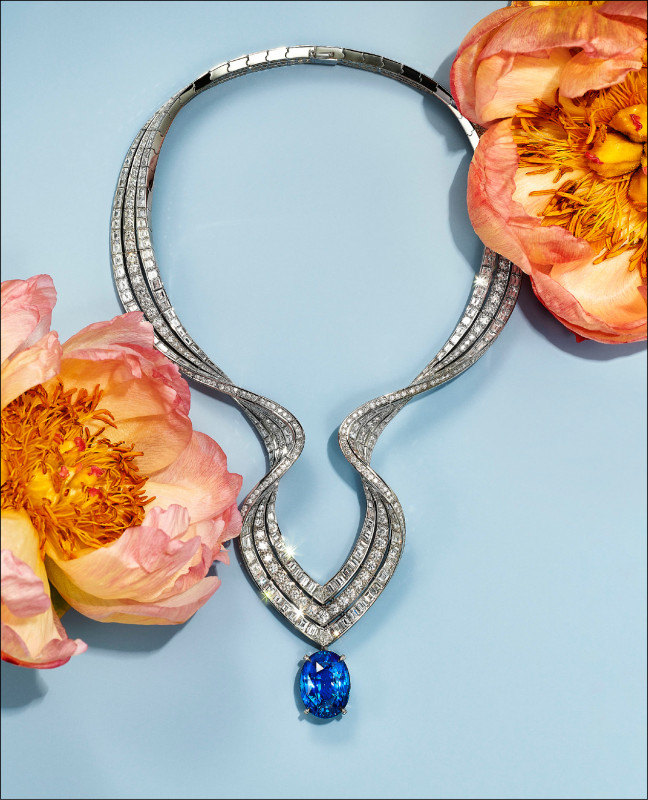 賈靜雯佩戴重逾38克拉藍寶石及鑽石項鍊，價格逾台幣1億元。