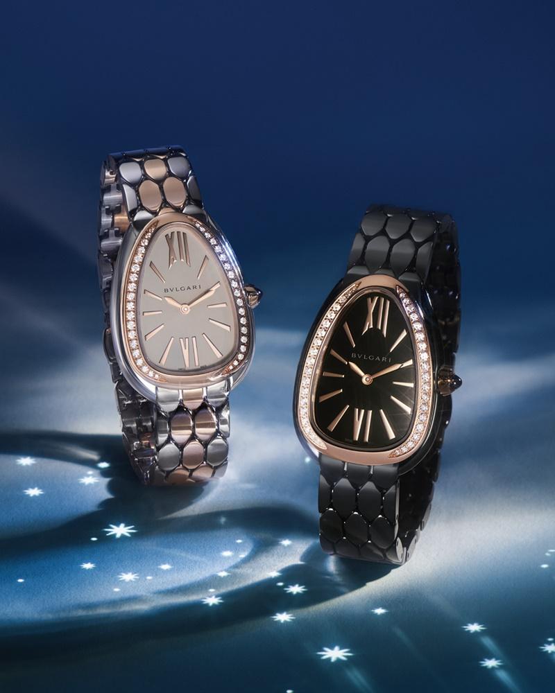 BVLGARI Serpenti系列腕錶。左：精鋼與玫瑰金鑲鑽腕錶，約401,300元、右：玫瑰金黑色精鋼鑲鑽腕錶，約355,700元。