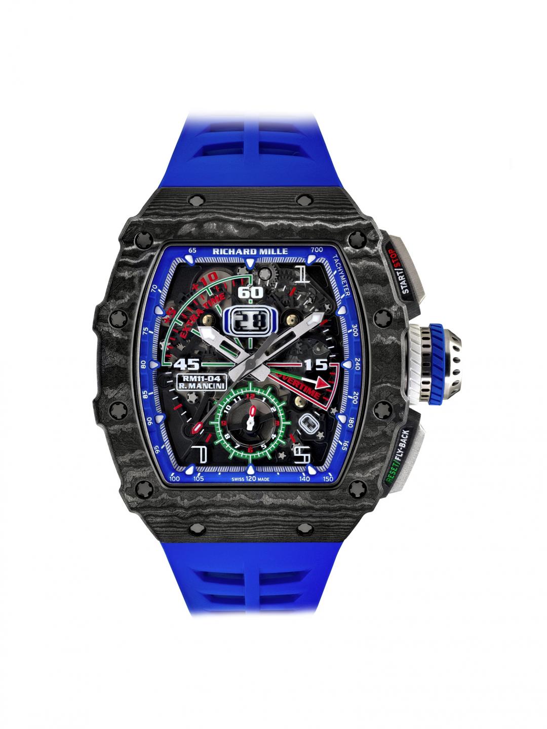 RICHARD MILLE RM 11-04 Roberto Mancini自動上鍊飛返計時碼錶，Carbon TPT®碳纖維錶殼，自動上鍊鏤空機芯，時分顯示、超大日期顯示、月份顯示、飛返計時功能，錶徑49.94×44.50×16.15mm，防水深度50米。