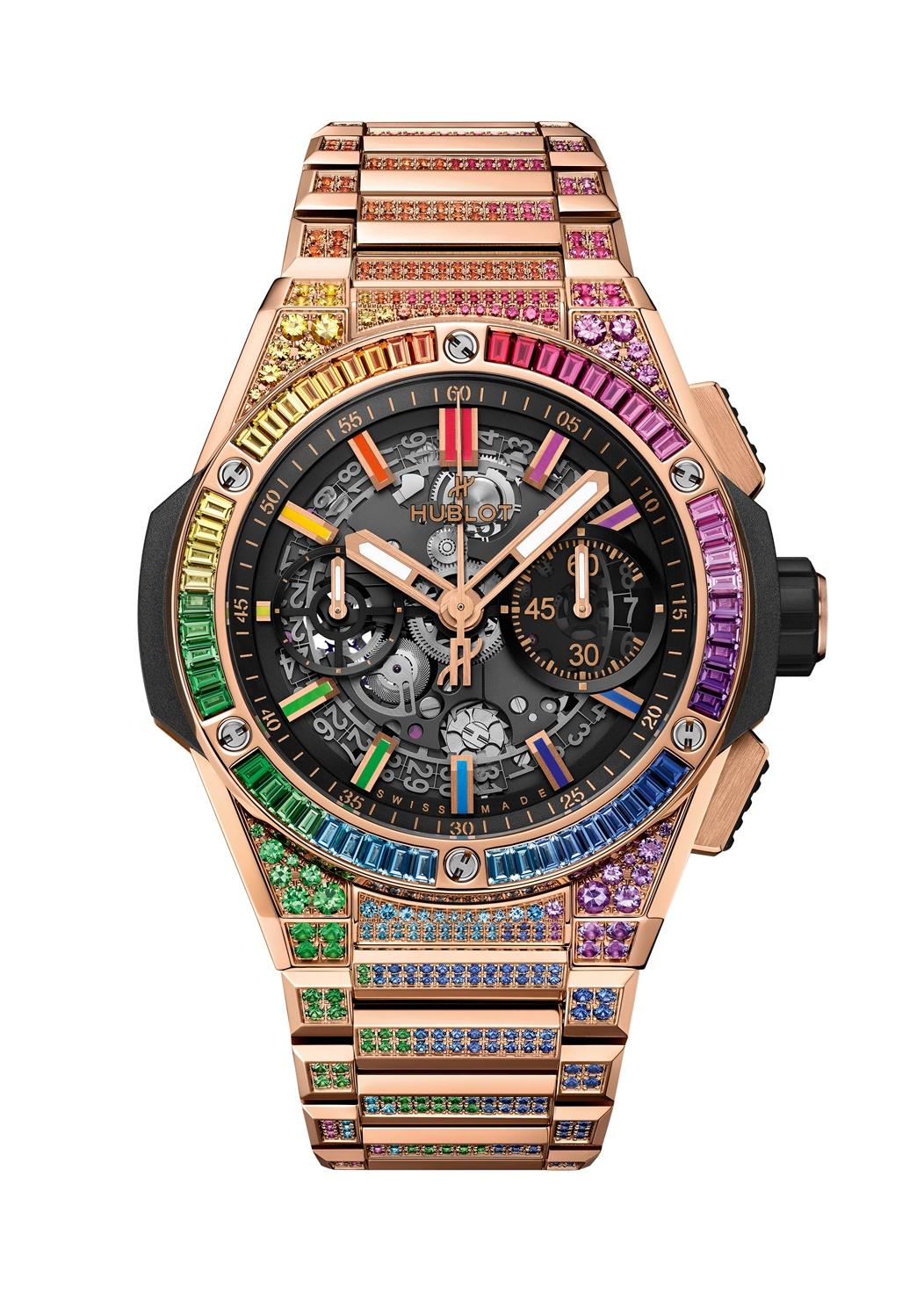 HUBLOT BIG BANG INTEGRATED皇金彩虹鍊帶計時碼錶，錶徑42mm，5,232,000元。