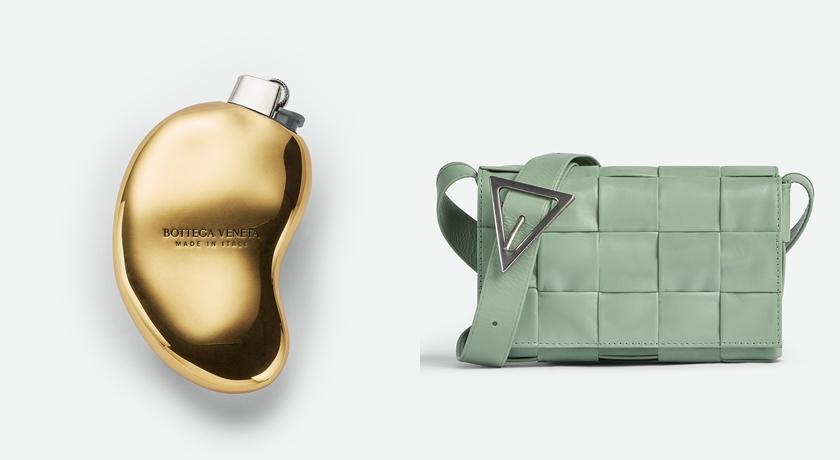 （左）Bottega Veneta造型打火機，27,600元。（右）Bottega Veneta鼠尾草綠編織斜背包，69,900元。