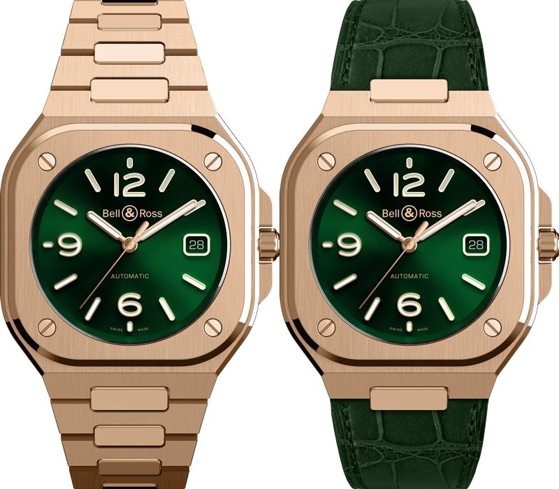 Bell & Ross BR 05 GREEN GOLD腕錶，1,132,000元（18K金鍊帶）、754,000元（鱷魚皮帶）。