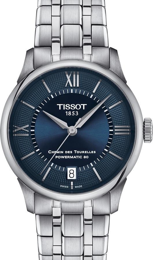 TISSOT杜魯爾系列自動上鍊機械腕錶（藍面），錶徑34mm，26,000元。