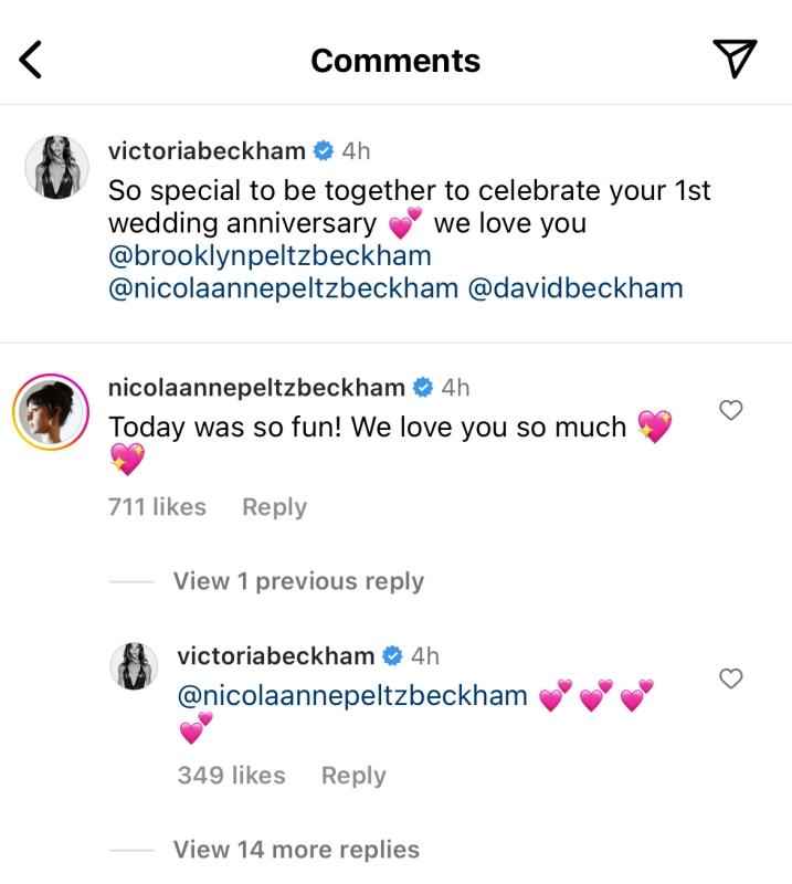 Nicola Peltz Beckham立刻在貝嫂的貼文下留言。（截自victoriabeckham IG）