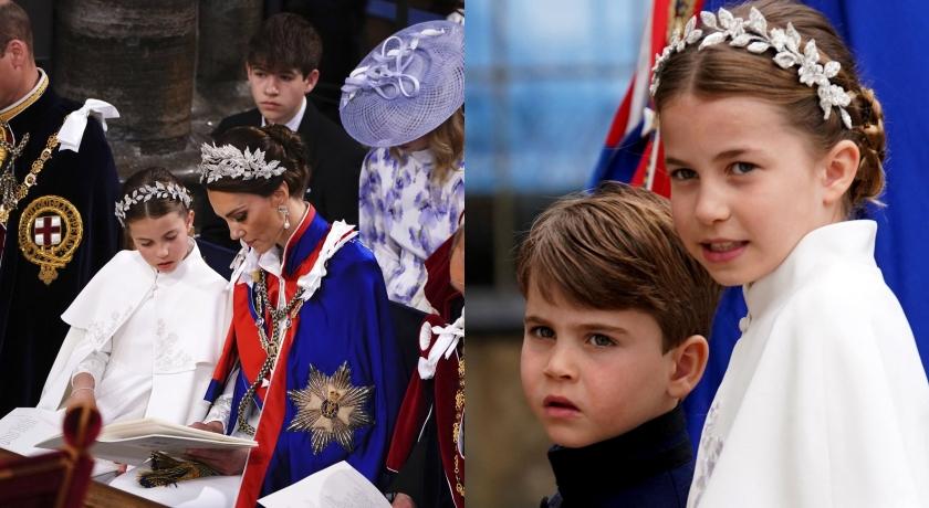查爾斯加冕》凱特禮袍內的神秘造型竟是「母女裝」！夏綠蒂公主斗篷洋裝配珠寶花冠時尚登場