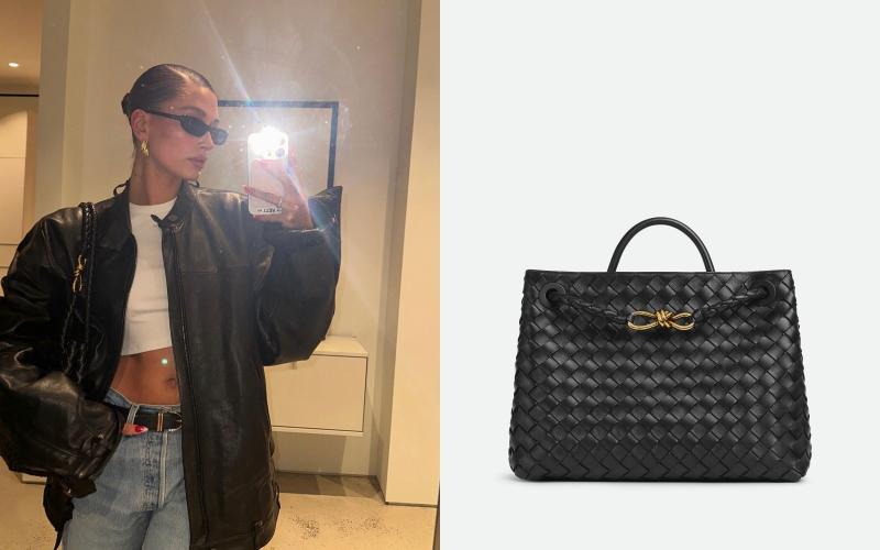 Hailey Bieber以Bottega Veneta當季主打的「Andiamo」肩背包搭配。（截自haileybieber IG、品牌提供）