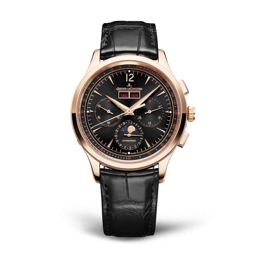 Jaeger-LeCoultre Master Control Chronograph Calendar大師系列計時日曆腕錶，自動上鍊機芯，18Ｋ玫瑰金錶殼，時分顯示、小秒針、星期、日期、月份、月相、計時碼錶、脈搏計，錶徑40mm，防水深度50米，1,040,000元。