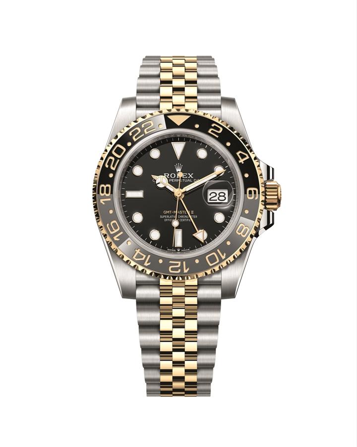 Rolex Oyster Perpetual GMT-Master II 蠔式恒動格林威治型腕錶，自動上鍊機芯，黃金、鋼錶殼，時分秒顯示、日期窗、兩地時區，錶徑40mm、防水深度100米，547,000元。