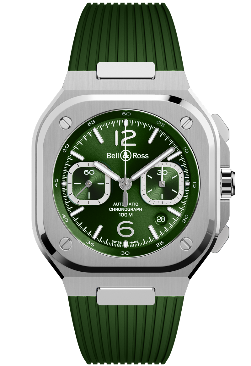 Bell & Ross BR 05 Chrono Green Steel腕錶，BR-CAL.326.自動機械機芯，時分秒顯示、計時功能、日期窗，錶殼尺寸42mm x 42mm，防水深度300米，202,000元。（Bell & Ross提供）