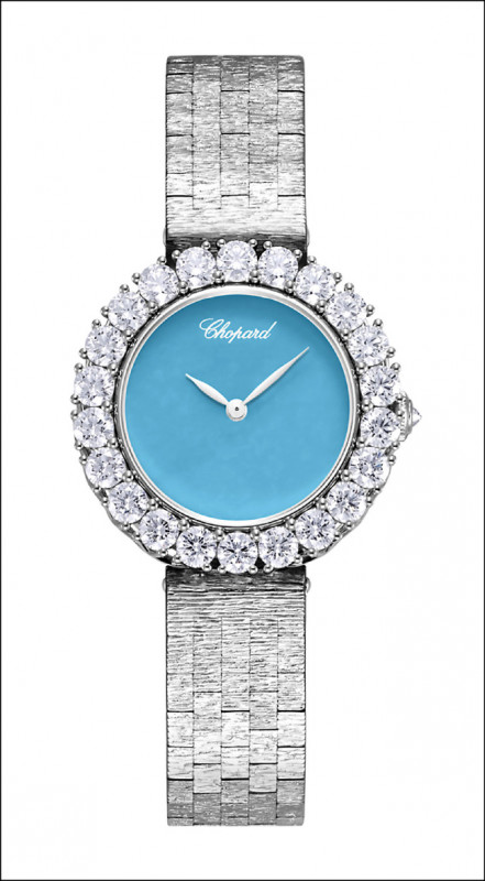 CHOPARD L’Heure Du Diamant腕錶，自動上鍊機械機芯，18K白金錶殼，時分顯示，綠松石錶盤、錶圈鑲鑽，2,209,000元。