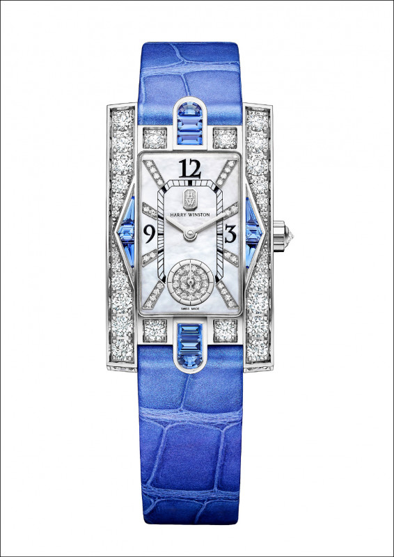 Harry Winston Avenue Classic系列Aurora腕錶，HW1046石英機芯，18K白金錶殼、錶圈鑲鑽，時分顯示、小秒盤，尺寸21.4mm×36.1mm，價格店洽。